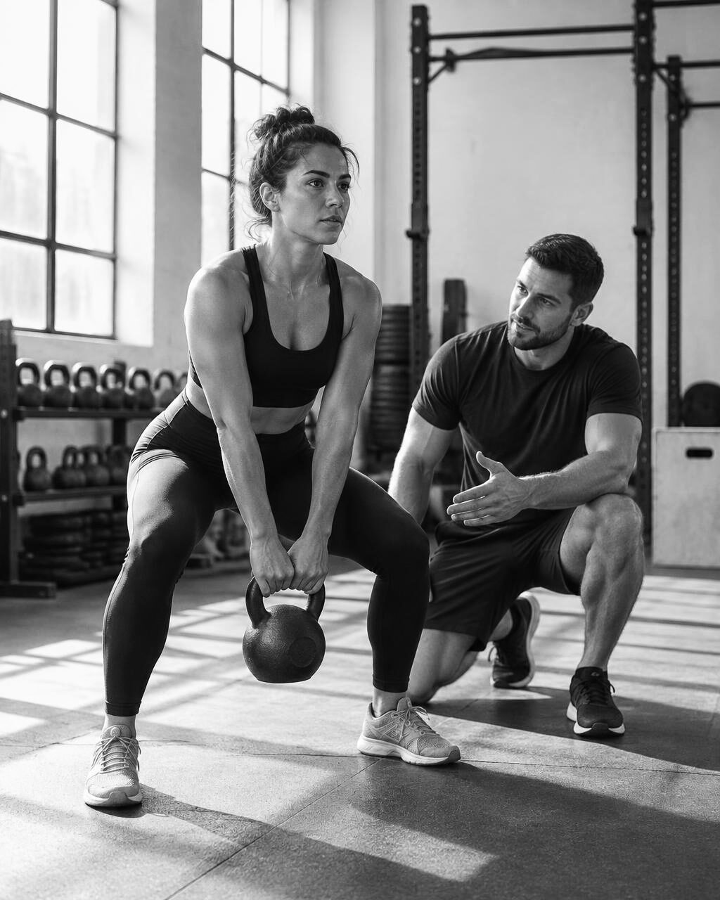 Two people training together with a kettlebell in a bright gym